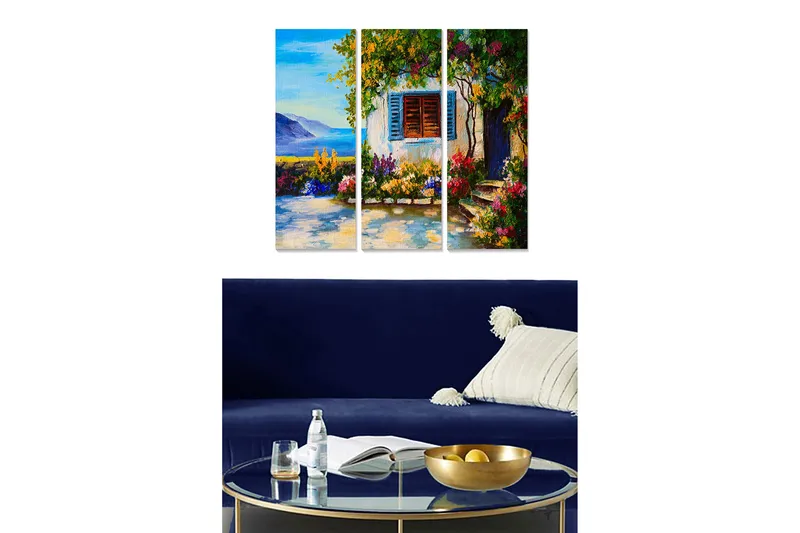 Trælærredstryk 3-delt 50x70 cm - Smuk udsigt over en blomsterhave med en hvid bygning og vinduer i blåt, Grøn / Blå / Lyserød