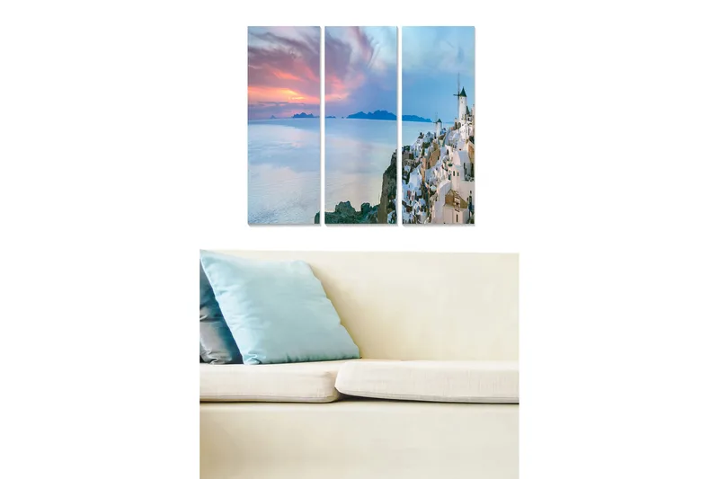 Trælærredstryk 3-delt 50x70 cm - Smuk udsigt over en græsk kystby ved solnedgang, Hvid / Blå / Lyserød
