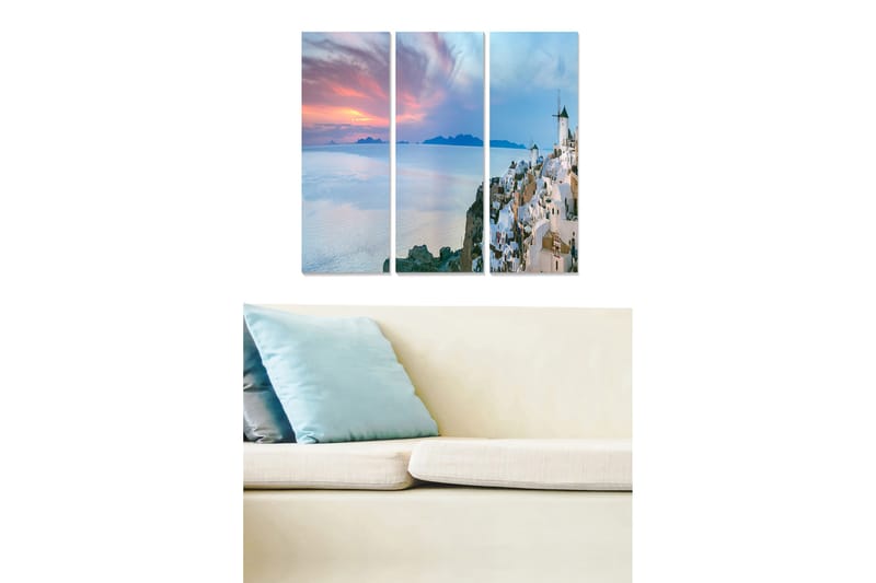 Trælærredstryk 3-delt 50x70 cm - Smuk udsigt over en græsk kystby ved solnedgang, Hvid / Blå / Lyserød