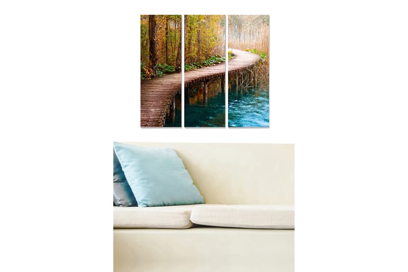 Trælærredstryk 3-delt 50x70 cm - Smuk vandresti gennem en efterårsskov ved vandet - Brun / Grøn / Blå - Boligtilbehør - Billeder & kunst - Billeder på lærred