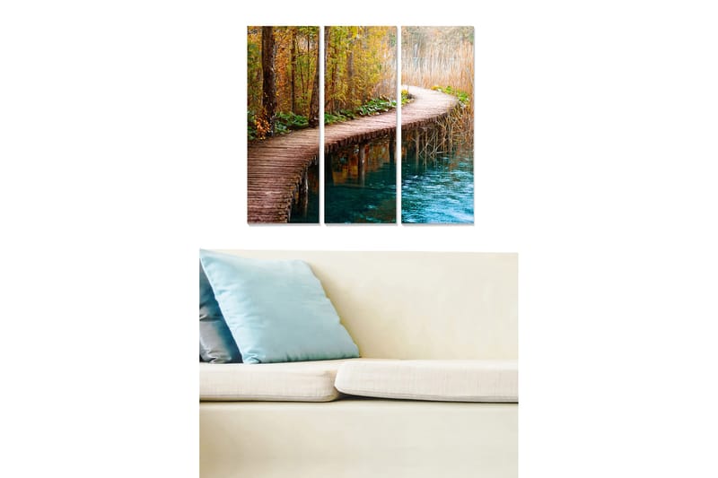 Trælærredstryk 3-delt 50x70 cm - Smuk vandresti gennem en efterårsskov ved vandet, Brun / Grøn / Blå
