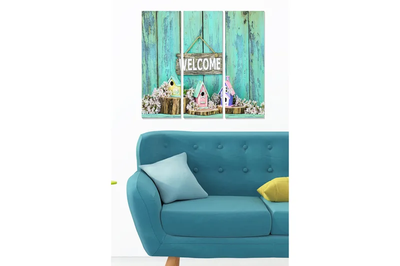 Trælærredstryk 3-delt 50x70 cm - Smukke fuglehuse med blomster og et velkomstskilt, Turkis / Pink / Hvid