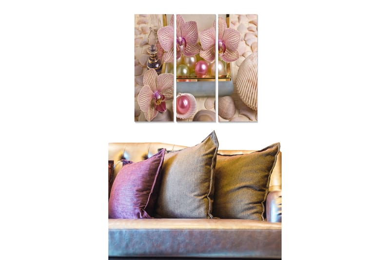 Trælærredstryk 3-delt 50x70 cm - Smukke orkideer i en elegant komposition med perler og skaller, Lys pink / Beige / Grøn