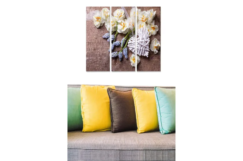 Trælærredstryk 3-delt 50x70 cm - Smukt arrangement af hvide blomster med lilla detaljer, Hvid / Lilla / Beige