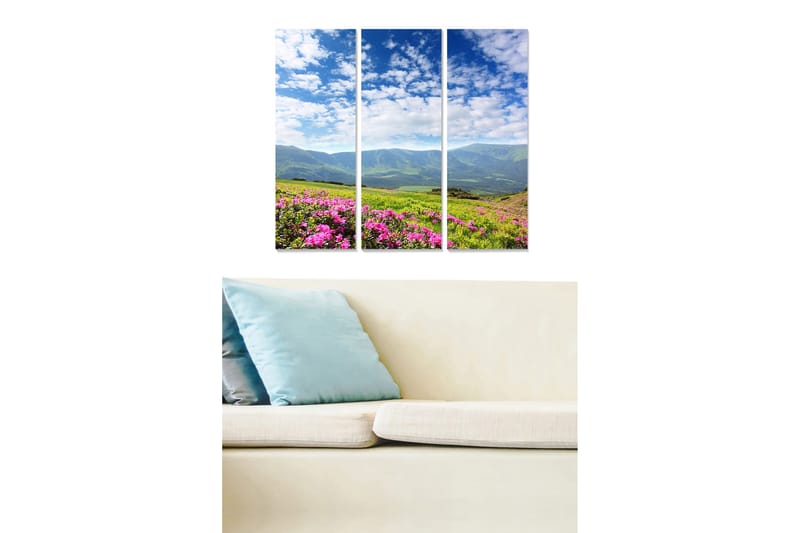 Trælærredstryk 3-delt 50x70 cm - Smukt bjerglandskab med blomstrende azaleaer i forgrunden, Lyserød / Grøn / Blå