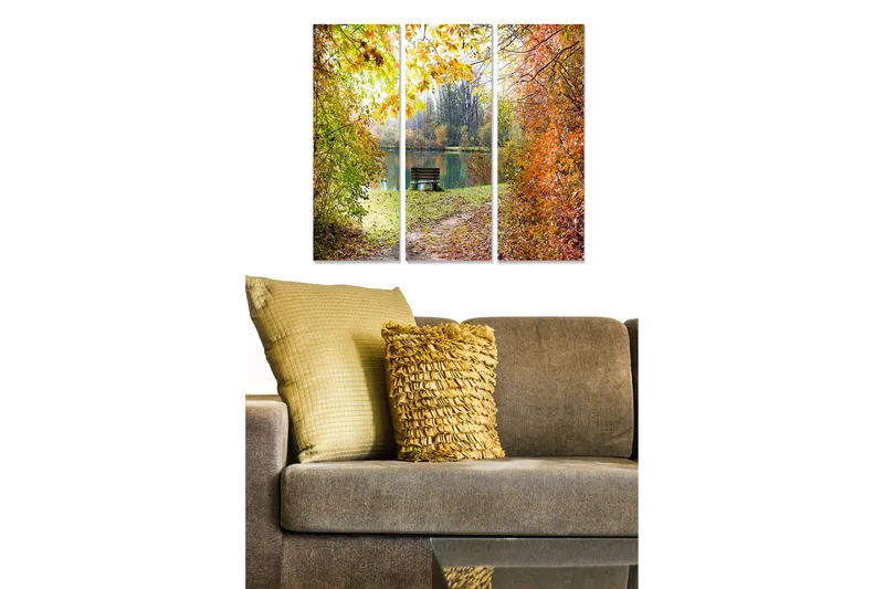 Trælærredstryk 3-delt 50x70 cm - Smukt efterårslandskab med en bænk ved en spejlblank sø, Grøn / Orange / Gul