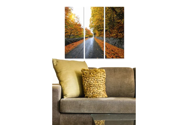 Trælærredstryk 3-delt 50x70 cm - Smukt efterårslandskab med en vej omgivet af farverige træer og nedfaldne blade, Orange / Guld / Grøn