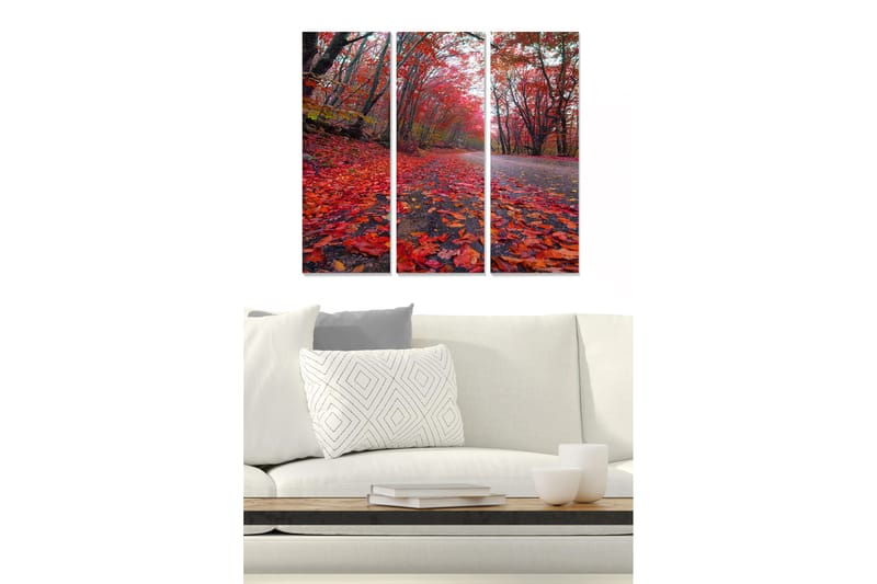 Trælærredstryk 3-delt 50x70 cm - Smukt efterårslandskab med farverige blade på en vej, Rød / Orange / Gul