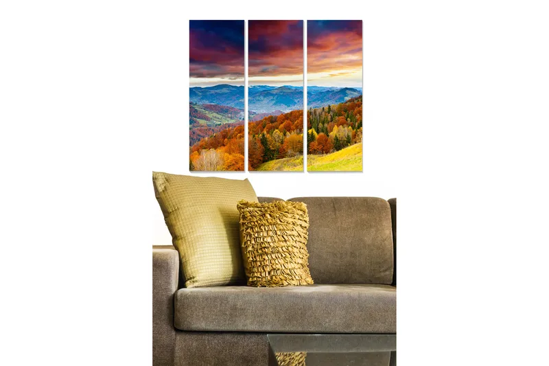 Trælærredstryk 3-delt 50x70 cm - Smukt efterårslandskab med farverige træer og fjerne bjerge - Orange / Grøn / Blå - Boligtilbehør - Billeder & kunst - Billeder på lærred