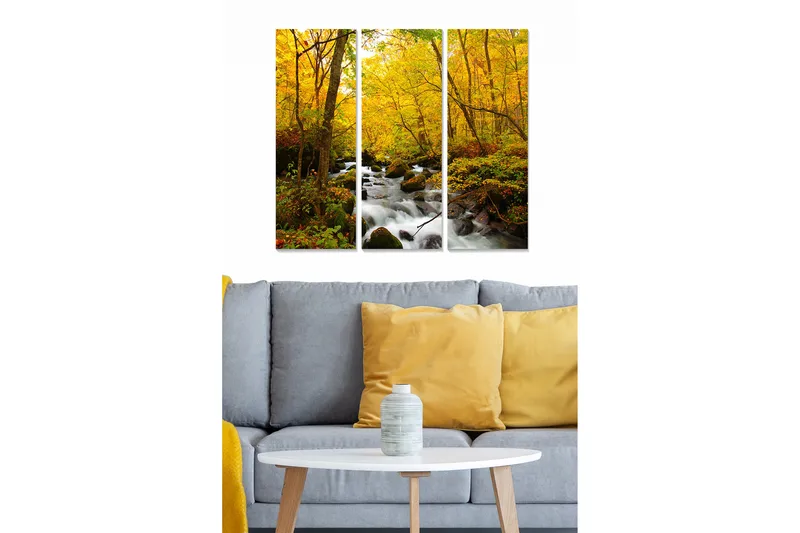 Trælærredstryk 3-delt 50x70 cm - Smukt efterårslandskab med gyldne træer og rislende bæk, Guld / Grøn / Brun
