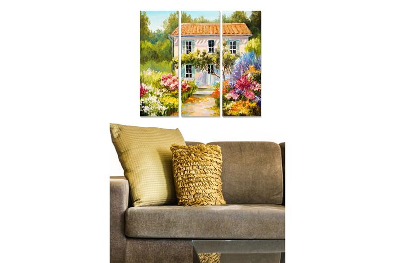 Trælærredstryk 3-delt 50x70 cm - Smukt hus omgivet af blomstrende have, Grøn / Lyserød / Lilla