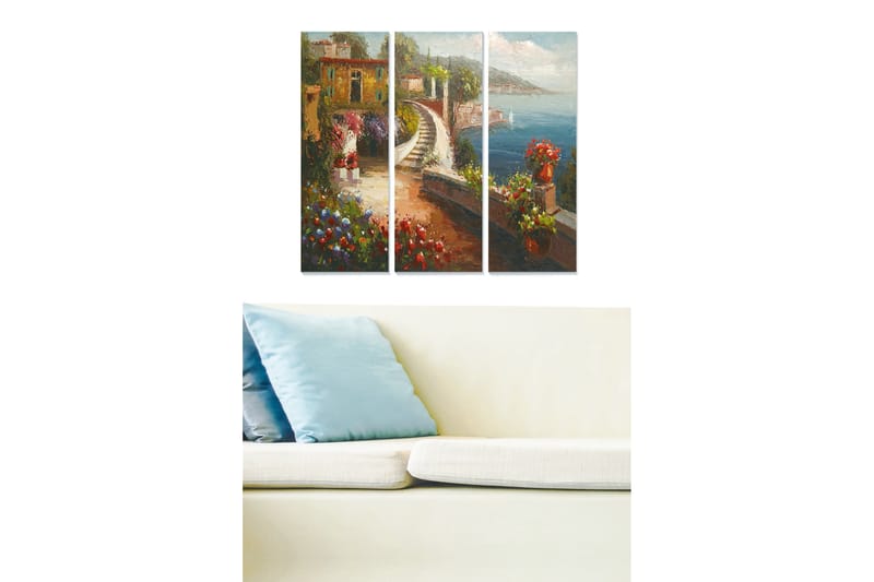 Trælærredstryk 3-delt 50x70 cm - Smukt kystlandskab med blomster og en snoet vej ved havet, Grøn / Blå / Rød