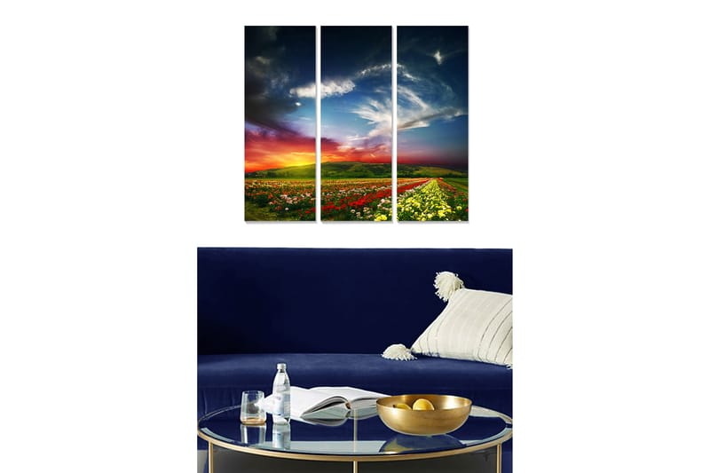 Trælærredstryk 3-delt 50x70 cm - Smukt landskab med blomstermarker og dramatisk himmel, Grøn / Rød / Gul