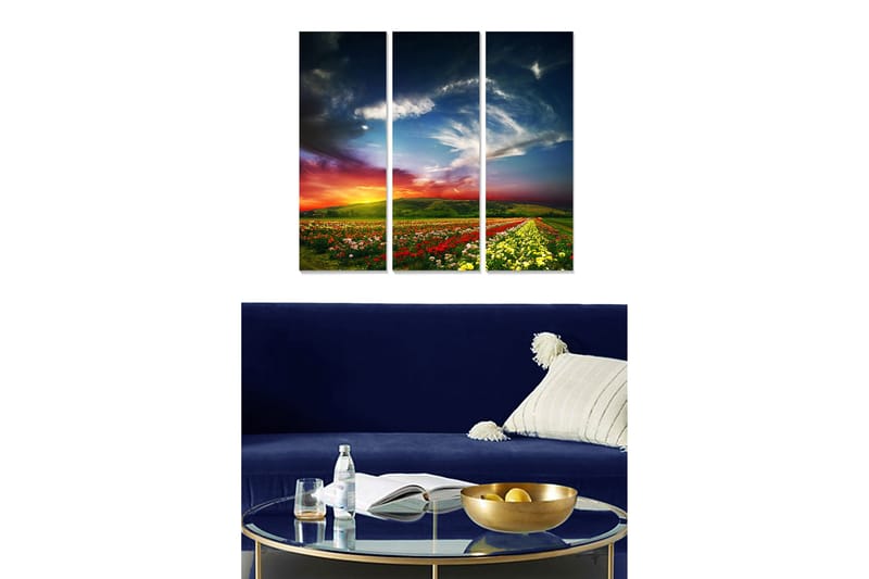 Trælærredstryk 3-delt 50x70 cm - Smukt landskab med blomstermarker og dramatisk himmel, Grøn / Rød / Gul