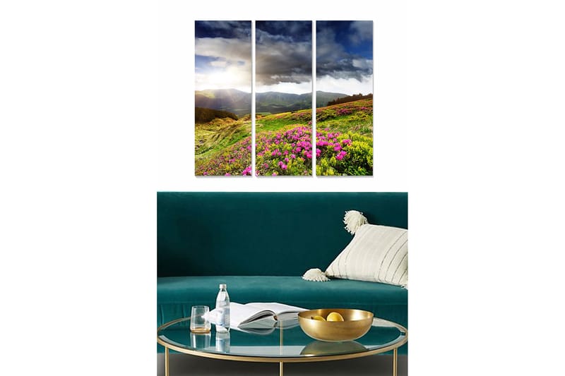 Trælærredstryk 3-delt 50x70 cm - Smukt landskab med blomstrende enge og fjerne bjerge, Grøn / Lyserød / Blå