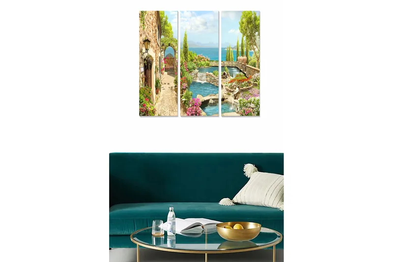 Trælærredstryk 3-delt 50x70 cm - Smukt landskab med en rolig vandkilde og blomstrende omgivelser, Grøn / Blå / Lyserød