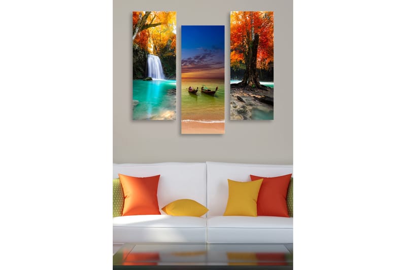 Trælærredstryk 3-delt 50x70 cm - Smukt landskab med faldende vand og farverige efterårstræer, Turkis / Orange / Rød