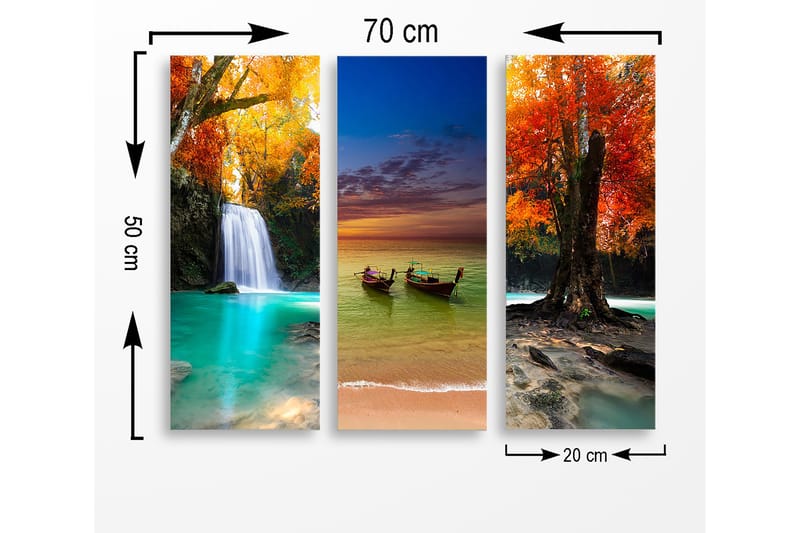 Trælærredstryk 3-delt 50x70 cm - Smukt landskab med faldende vand og farverige efterårstræer - Turkis / Orange / Rød - Boligtilbehør - Billeder & kunst - Billeder på lærred