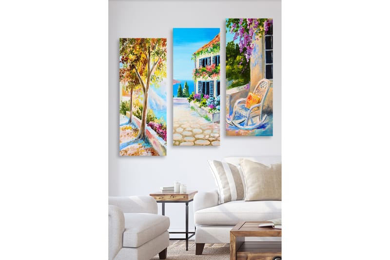 Trælærredstryk 3-delt 50x70 cm - Smukt landskab med farverige blomster og en solrig gade, Grøn / Blå / Orange