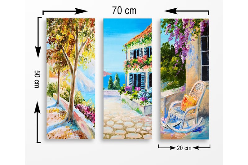 Trælærredstryk 3-delt 50x70 cm - Smukt landskab med farverige blomster og en solrig gade - Grøn / Blå / Orange - Boligtilbehør - Billeder & kunst - Billeder på lærred