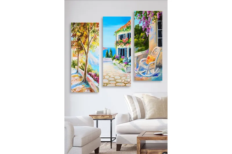 Trælærredstryk 3-delt 50x70 cm - Smukt landskab med farverige blomster og en solrig gade, Grøn / Blå / Orange