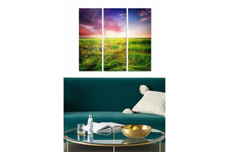 Trælærredstryk 3-delt 50x70 cm - Smukt landskab med frodige enge og dramatisk himmel, Grøn / Blå / Lilla