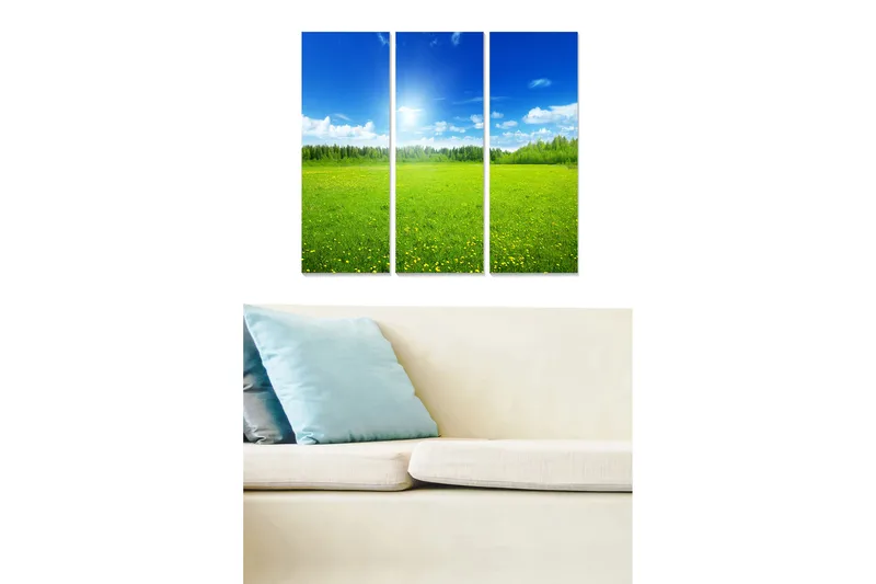 Trælærredstryk 3-delt 50x70 cm - Smukt landskab med grønne enge og blå himmel, Grøn / Blå / Gul