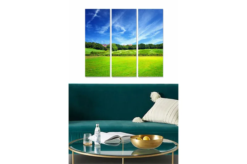 Trælærredstryk 3-delt 50x70 cm - Smukt landskab med grønne marker og blå himmel, Grøn / Blå