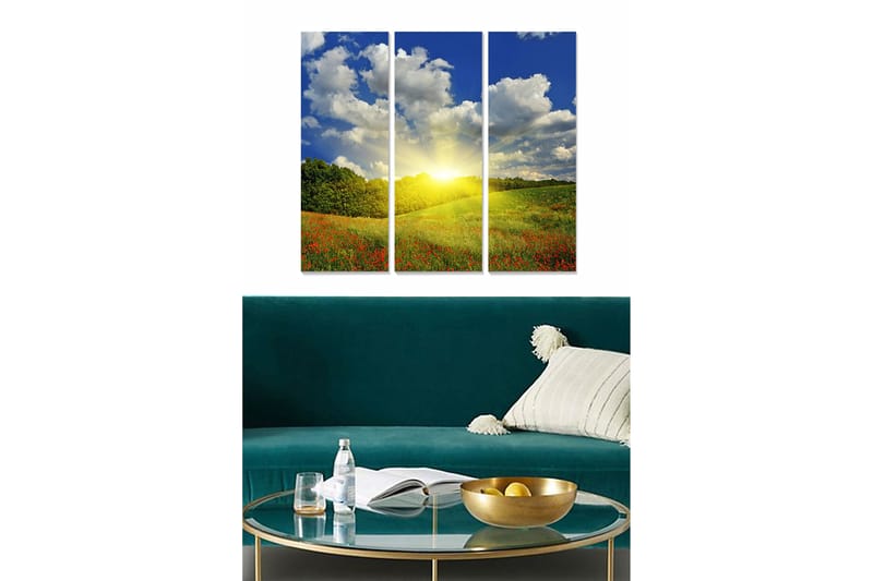 Trælærredstryk 3-delt 50x70 cm - Smukt landskab med solopgang over en blomstrende eng, Blå / Grøn / Gul