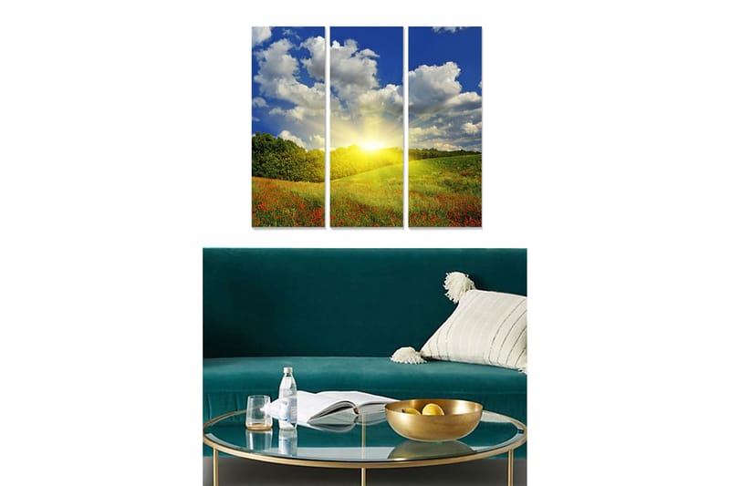 Trælærredstryk 3-delt 50x70 cm - Smukt landskab med solopgang over en blomstrende eng, Blå / Grøn / Gul