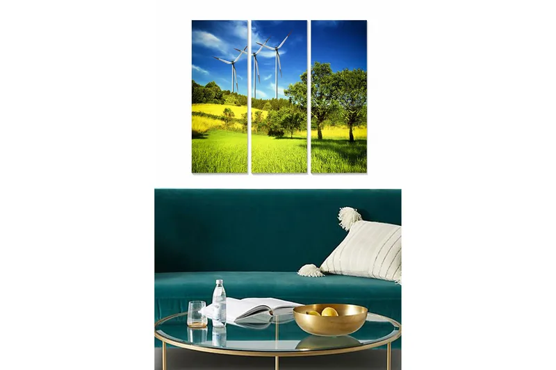 Trælærredstryk 3-delt 50x70 cm - Smukt landskab med vindmøller og grønne marker, Grøn / Gul / Blå