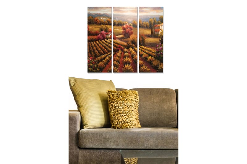 Trælærredstryk 3-delt 50x70 cm - Smukt landskab med vinmarker og farverige træer i efterårsfarver, Guld / Rød / Grøn