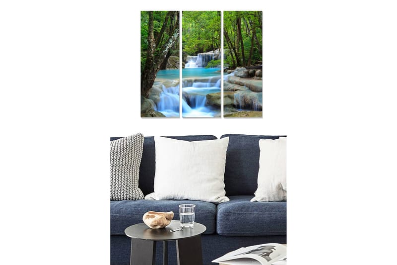 Trælærredstryk 3-delt 50x70 cm - Smukt vandfald med omgivende grønne områder - Grøn / Turkis / Beige - Boligtilbehør - Billeder & kunst - Billeder på lærred