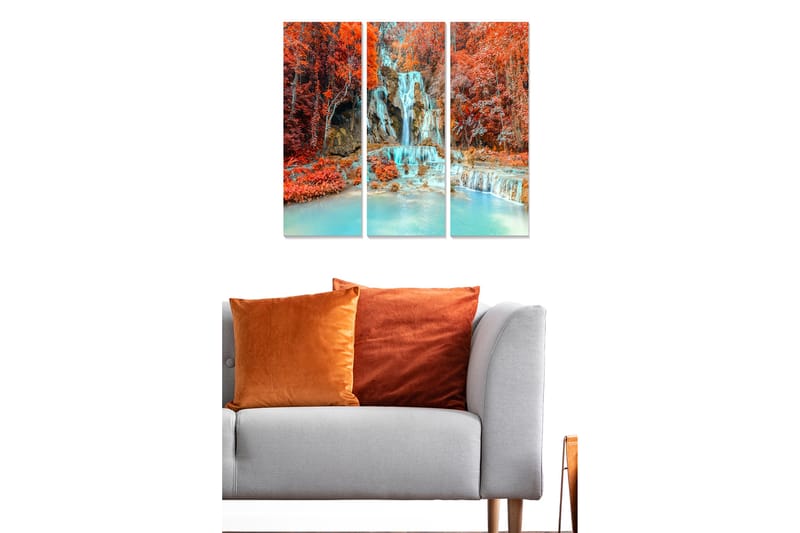 Trælærredstryk 3-delt 50x70 cm - Smukt vandfald omgivet af farverige efterårsblade, Rød / Turkis / Orange