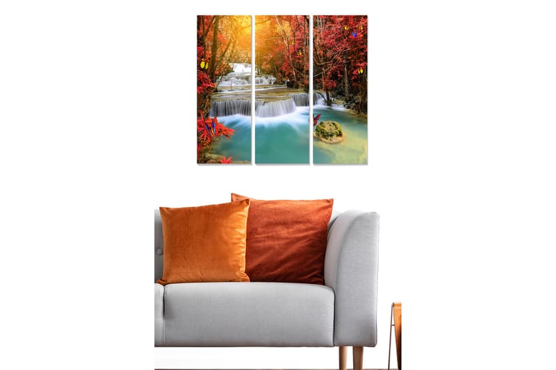 Trælærredstryk 3-delt 50x70 cm - Smukt vandfaldsscene omgivet af efterårsfarvede træer og sommerfugle - Rød / Blå / Turkis - Boligtilbehør - Billeder & kunst - Billeder på lærred