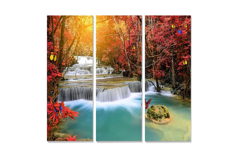 Trælærredstryk 3-delt 50x70 cm - Smukt vandfaldsscene omgivet af efterårsfarvede træer og sommerfugle, Rød / Blå / Turkis
