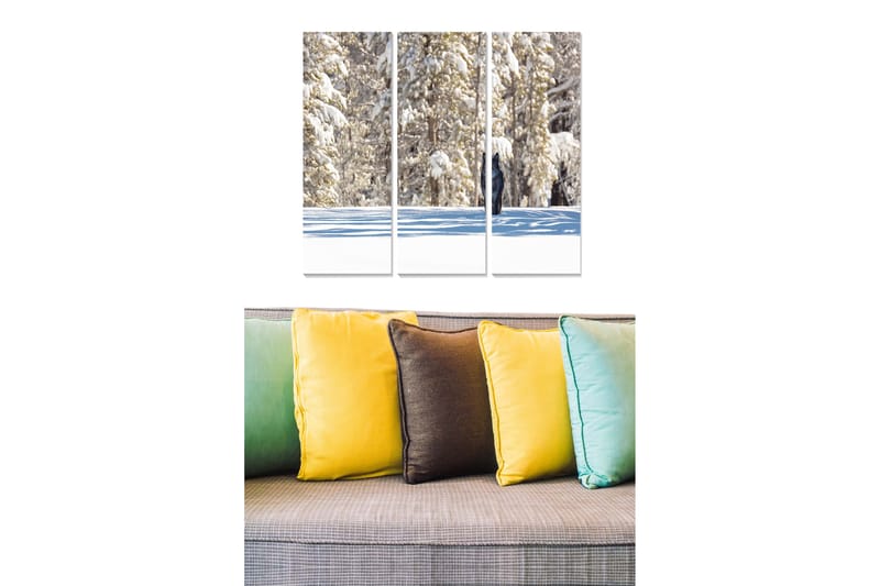 Trælærredstryk 3-delt 50x70 cm - Snedækkede træer i et vinterlandskab, Hvid / Blå / Grøn