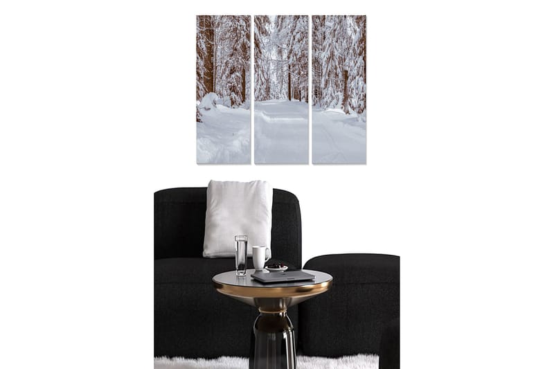 Trælærredstryk 3-delt 50x70 cm - Snedækket skovvej omgivet af vinterlandskab, Hvid / Brun