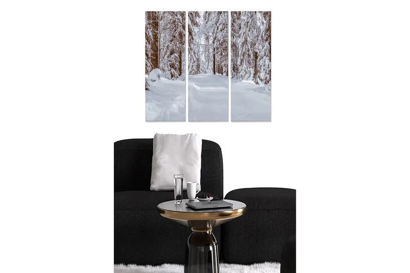 Trælærredstryk 3-delt 50x70 cm - Snedækket skovvej omgivet af vinterlandskab, Hvid / Brun