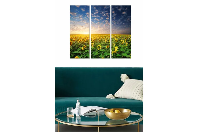 Trælærredstryk 3-delt 50x70 cm - Solfyldte marker med solsikker under en klar himmel - Gul / Grøn / Blå - Boligtilbehør - Billeder & kunst - Billeder på lærred