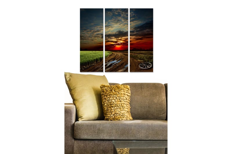 Trælærredstryk 3-delt 50x70 cm - Solnedgang over en mark med grusvej, Mørkerød / Grøn / Blå