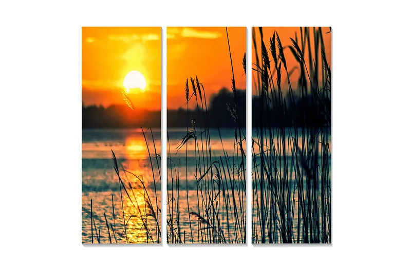 Trælærredstryk 3-delt 50x70 cm - Solnedgang over en spejlblank sø med græs i forgrunden, Orange / Mørkeblå / Guld
