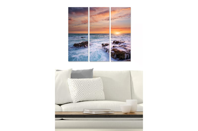 Trælærredstryk 3-delt 50x70 cm - Solnedgang over havet med klipper i forgrunden, Blå / Orange / Lilla