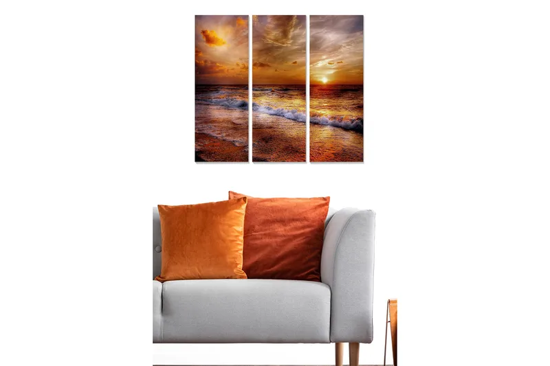Trælærredstryk 3-delt 50x70 cm - Solnedgang over havet med refleksioner i vandet, Orange / Guld / Blå