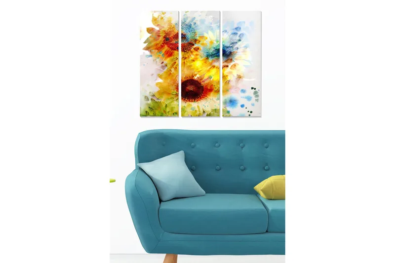 Trælærredstryk 3-delt 50x70 cm - Solrige solsikker i levende komposition, Gul / Grøn / Rød