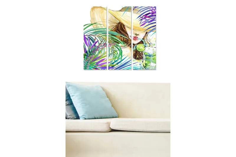 Trælærredstryk 3-delt 50x70 cm - Sommerlig kvinde med stor hat og drink omgivet af farverige palmer, Grøn / Lilla / Beige