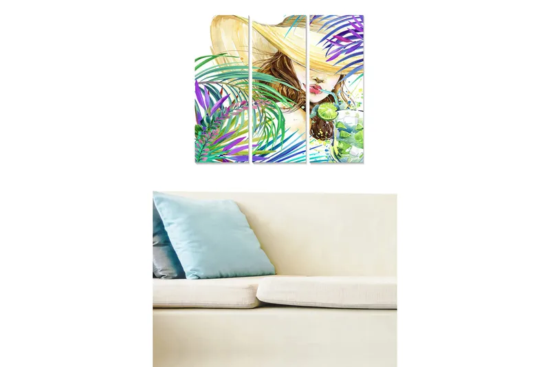 Trælærredstryk 3-delt 50x70 cm - Sommerlig kvinde med stor hat og drink omgivet af farverige palmer, Grøn / Lilla / Beige