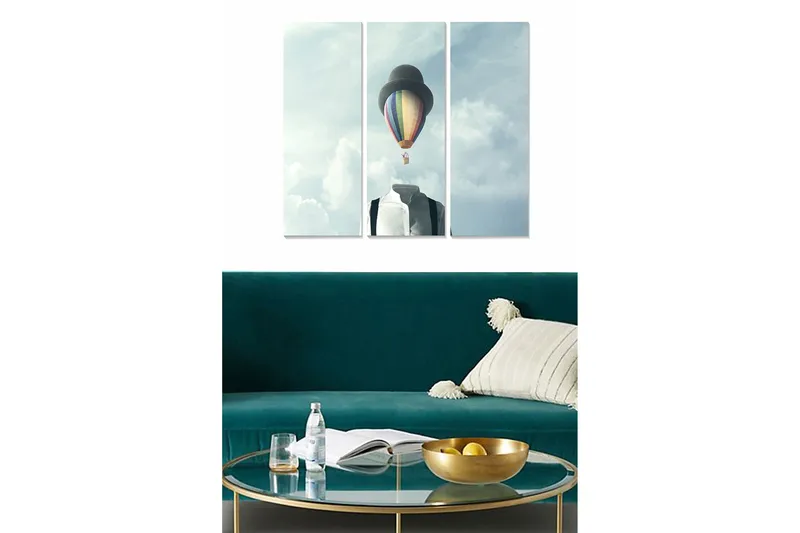 Trælærredstryk 3-delt 50x70 cm - Sort hat og skjorte med en svævende varmluftballon på himlen, Blå / Grå / Regnbue