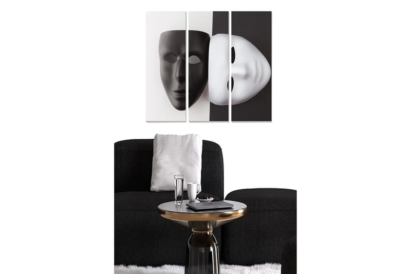 Trælærredstryk 3-delt 50x70 cm - Sort-hvid maske, der symboliserer dualitet og identitet, Sort / Hvid