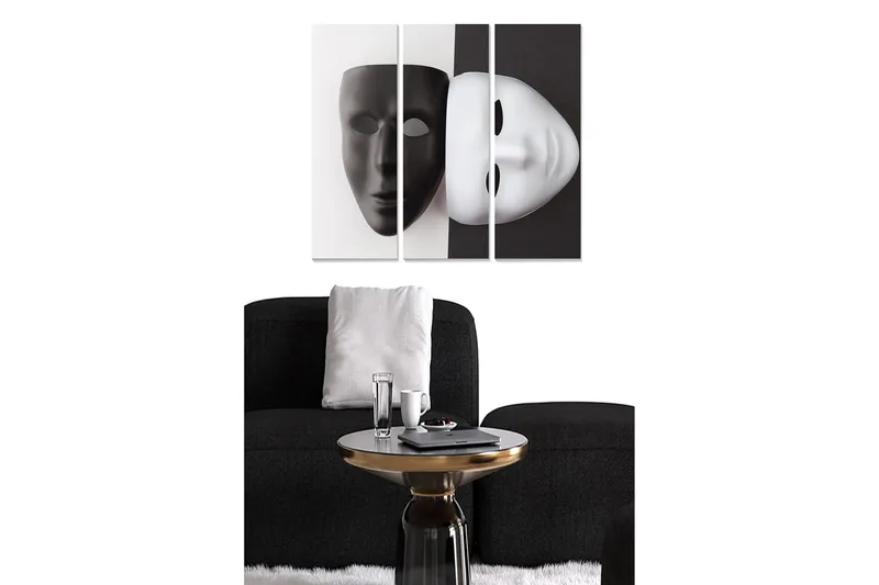 Trælærredstryk 3-delt 50x70 cm - Sort-hvid maske, der symboliserer dualitet og identitet, Sort / Hvid